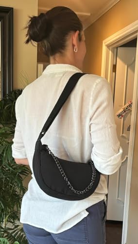 Image of Crescent Nylon Crossbody Casual Sling Bag with Chain Accessories, Hobo, Sling, Casual handbag, Small shoulder bag