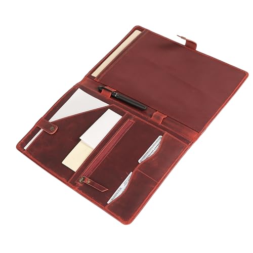Image of KomalC Leather Portfolio Folder with Button Closure | Business Padfolio for Professionals | Vintage Organizer with Legal Pad Holder, Card Slots & Document Pockets (Red)