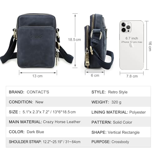 Hiram Authentic Leather Vintage Style Smartphone Bag for 6.7-inch Phones - Adjustable Strap, Top-Grain Leather (Blue)2