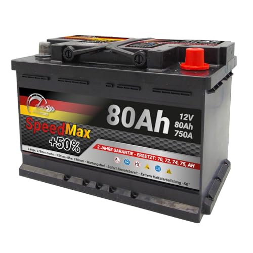BATTERIA AUTO SPEED MAX L3 80Ah 750A EN 12V POLO POSITIVO DESTRA EQUIVALENTE 74Ah 75Ah DIMENSIONI 278 x 175 x 190 mm SENZA MANUTENZIONE PRONTA ALL'USO
