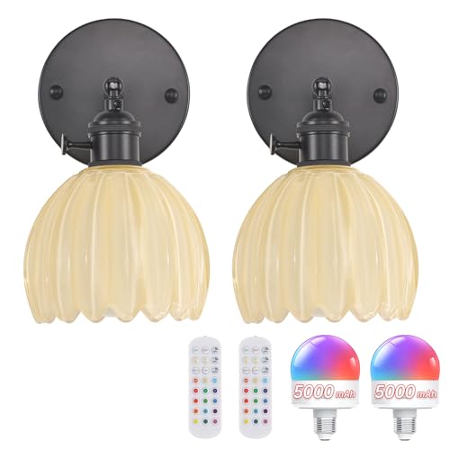 Image of Shenmoyl Vintage Wall Sconce Set of 2 - Rechargeable Battery Powered with Remote Control, Pastel Yellow Tulip Glass Lampshade (5000mAh) for Bedroom /Doorway