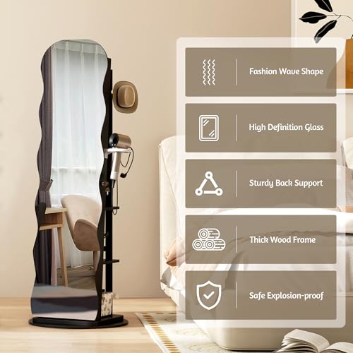 Image of Vlsrka 360 Swivel Jewelry Cabinet with Wavy Full-Length Mirror, Black | Lockable Jewelry Armoire with Mirror, Interior LED Makeup Mirror, Foldable Shelf, 3 Rear Shelves, Hanging Rods, Dryer Holder