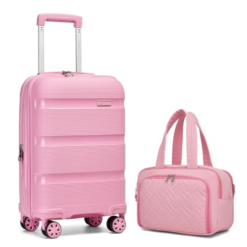 Image of Kono Airline Approved Suitcase Set 2 Pieces, Pink | 22x14x9 Lightweight PP shell Smooth 360 Spinner Wheels with TSA lock for Short Trips