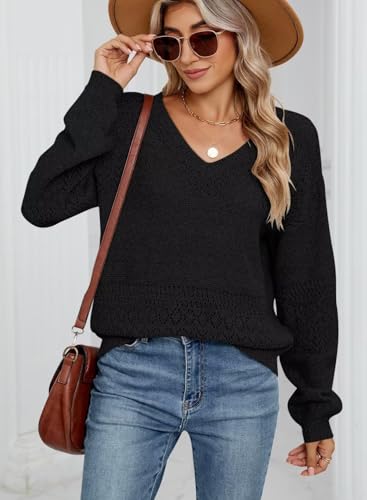 Image of JOCAFIYE Womens Sweaters Casual Long Sleeve V Neck Lightweight Hollow Out Pullover Sweater Tops