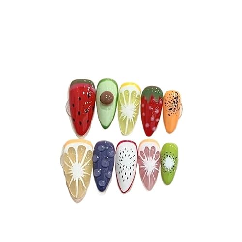 10 Pieces Fresh False Nails Cute Long Almond Dragon Fruit