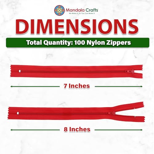 Image of Mandala Crafts 100 PCs Red Closed-End 7 Inches Nylon Zippers for Sewing