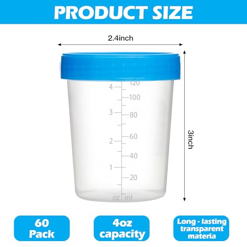 RXLWYUNLAE 60 Pcs 4 oz Disposable Specimen Cups with Leakproof Screw Lids for Urine and Fecal Testing (Blue Lids)