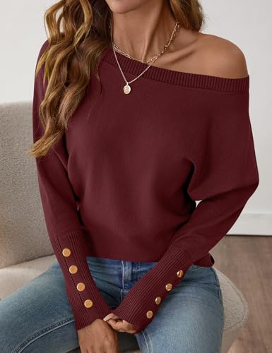 Micoson Women's Tops Casual Trendy Off The Shoulder Sweaters Long Batwing Sleeve Fashion Pullover Oversized Outfit Wine Red S by Micoson - Used condition - Image 10