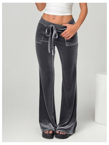 SOLY HUX Women's Drawstring Waist Bell Bottom Velvet Pants Y2k Vintage Flare Leg Trousers4