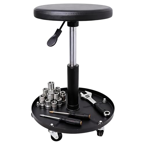 VANCUS Mechanic Stool with Wheels, Rolling Pneumatic Creeper Garage Shop Seat, Adjustable Height Roller Mechanics Chair with Tool Tray for Workshop Auto Repair, Black