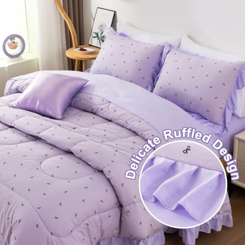 Image of A Nice Night Delicate Bows Print On Purple Background Bedding Set,Ruffle 6 Piece Bed in a Bag Matching Sheet Set,Princess Style Chic Bowknot Printed,Twin