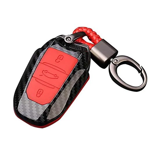 Happyit ABS Shell en Fibre de Carbone + Silicone Couverture de Cas Clé de Voiture Porte-clés pour Peugeot 301 308 408 508 2008 3085 3008 307 206 3 Boutons (Rouge)