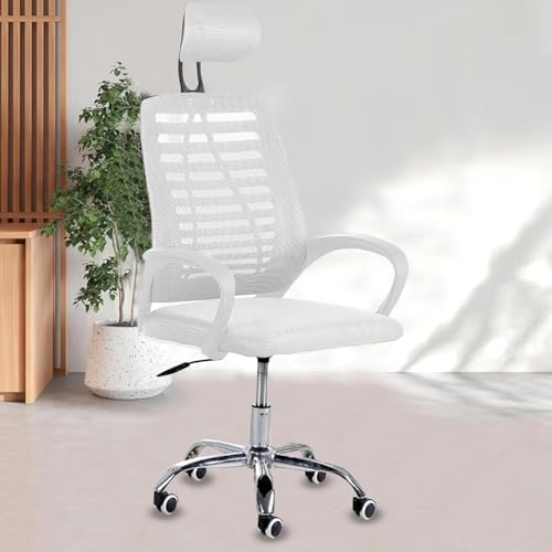 Image of Mesh Office Desk Chair,Rocking Ergonomic Computer Chair Adjustable High with Headrest and Comfortable Armrest Swivel - White & White Handle