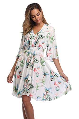 Image of VintageClothing Women's Floral Sundresses Flowy Boho Summer Beach Dress | Lightweight Breathable material,Elegant V Neck and Button Front Design,Flared Bell Sleeve Cut,Mini Casual dress
