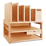 POMABA Wooden Desktop Organizer with Floating Drawer Wood Office Storage for Books, Magazines, Folders, Mail, and Stationery Multi-Purpose Desktop Organizer for Home, Office, and Workspace