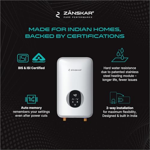 Image of Zanskar Tankless Water Heater 9kW | BIS Certified Instant Water Heater | Electric Geyser | Smart Temperature Control | Compact Wall-Mounted Design | Hard Water Safe | IP25 Rated