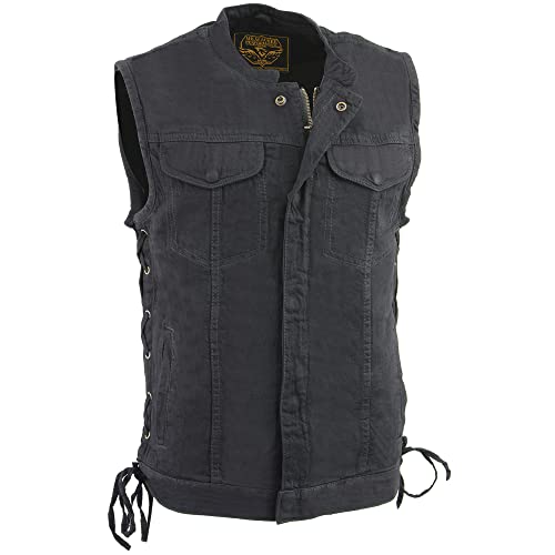 Milwaukee Leather Mens Black Denim Side Lace Biker Club MC Vest - Snap & Zipper Front MDM3002