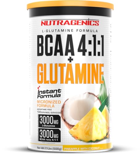 Nutragenics BCAA 4 1 1 + Glutamine - BCAA Glutamina - BCAA Glutamine - BCAA 4 1 1 en polvo y glutamina con sabor - 500 g (Piña colada)