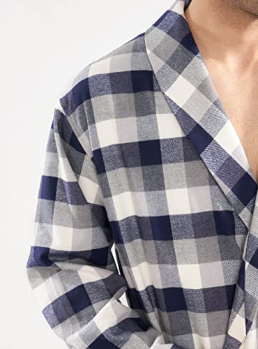 David Archy Men's Summer Lightweight Robe Soft Flannel Cotton Bathrobe For Hotel Spa Shawl Collar Housecoat (S, Navy Blue Plaid) #TOP27