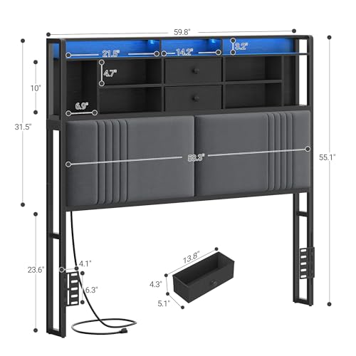 Hzuaneri Headboard with 3-Tier Storage Shelves, Velvet Upholstered Headboard with Outlet, 2 USB Ports & LED Light, Headboards Queen Size Bed with Two Fabric Drawers, Black and Dark Gray, BH42004B - Thumbnail 2