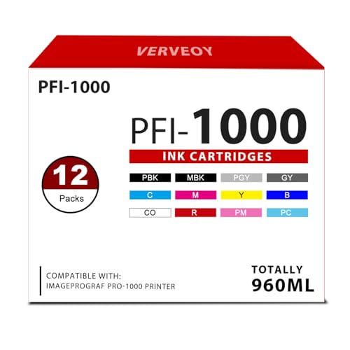 PFI-1000 12 Color Pack Ink Tank with Chip Replacement for Canon Lucia PRO PFI-1000 Ink Cartridge 80ml for imagePROGRAF PRO 1000 Printer Ink (12-Pack, MBK, PBK, C, M, Y, R, GY, B, PGY, PC, PM, CO)