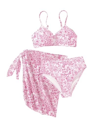 Image of RoseSeek Girls 3 Piece Bikini Set with Beach Skirt Floral Leopard O-Ring Padded Swimsuit for Teen Girls