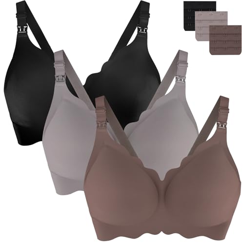 UHdod 授乳用ブラ、妊婦用マタニティブラ、女性用母乳ブラ、女性用マタニティブラ, ブラック + グレー + ブラウン, XX-Largeの商品画像（Amazon）