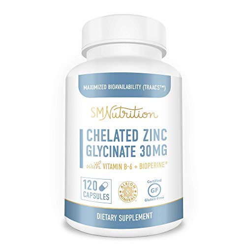 Zinc Glycinate Chelate 30 mg Supplement (120 Capsules) TRAACS Chelated Bisglycinate Zinc, Vitamin B6 & BioPerine - Zinc Supplements for Immune Support, Prostate Health, Acne & Metabolism*