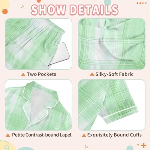 2 Piece Button Down Satin Pajamas Set Casual Silk Plaid Sleepwear Summer Clothes Nightwear3