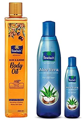 Image of Parachute Advansed Olive & Almond Body Oil By Parachute Advansed For Nourished Glowing Skin,400 ml & Parachute Advansed Aloe Vera Enriched Coconut Hair Oil, 250ml + 75ml | For Soft, Strong Hair