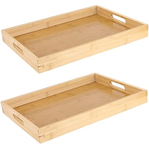 MANCHAP 2 Pack Bamboo Wooden Serving Tray, 40 x 29 x 4 cm Large Butler Trays with Handles, Rectangular Bamboo Food Tray for Breakfast in Bed, Tea, Coffee, Eating Cover