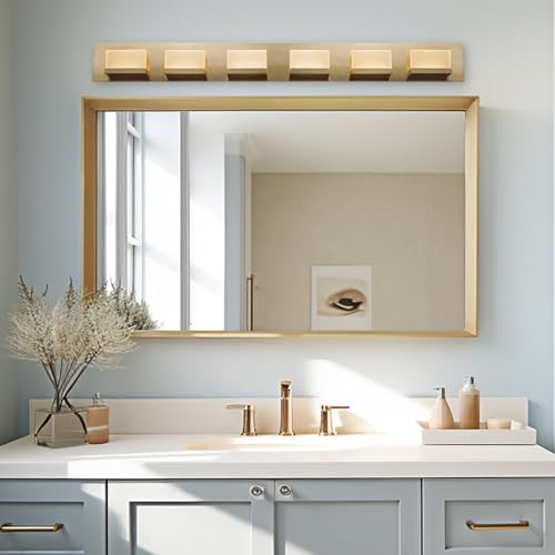Image of Kira Home Everett 48 inch Modern 6-Light Integrated LED Gold Vanity Light, 60W 3000K Warm White Light, Minimalist Gold Bathroom Wall Sconce with Frosted Acrylic Blocks, Cool Brass Finish
