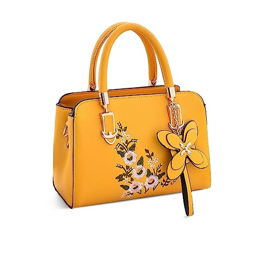 NICOLE & DORIS Sac a Main Fleur Femme Sac Bandoulière Petit Sac à Main Porté Epaule PU Cuir Sac D'épaule Impermeable avec Pendentif Jaune