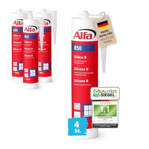 4x Alfa Silikon Steingrau Bausilikon zum Kleben und Abdichten Fugendichtstoff UV- und witterungsbeständiger Qualitäts-Dichtstoff