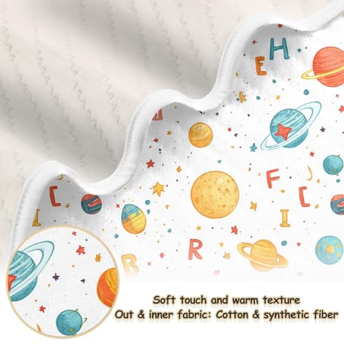 Image of Baby Swaddle Blanket for Baby Boy and Girl Soft Warm Security Bed and Play Blanket for Infant Toddler 30X40in Cartoon Outer Planets and Alphabet White