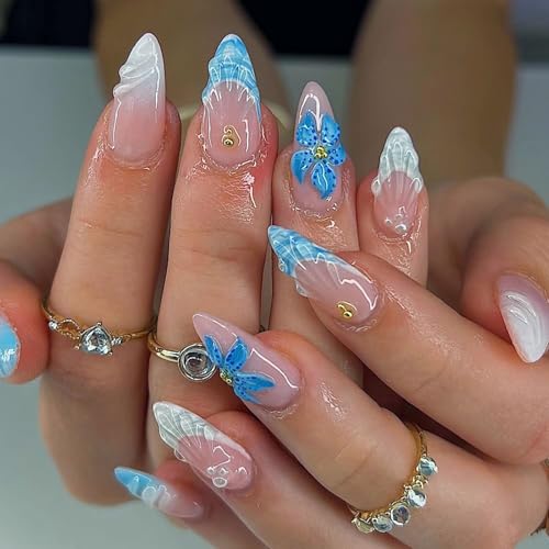 24 Pcs Pink Almond Press on Nails Medium Length Fake Nails with Design 3D Flower Stick on Nails Blue White French Tip Acrylic False Nails Artificial Reusable Nail Supplies for Women — view 2