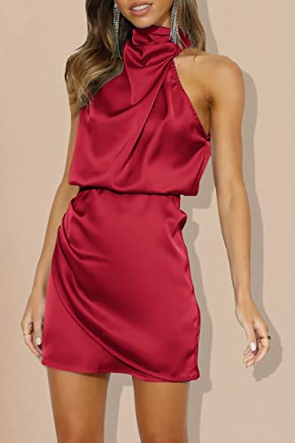 Prettygarden Women's 2023 Summer Satin Dress Sleeveless Mock Neck Short Formal Cocktail Party Dresses (Red,Large) #TOP3