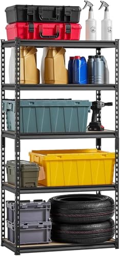 Image of Heavy Duty Metal Rack with Wooden Shelves (Adjustable), 30KG /Shelf, Boltless Storage Organizer, Multipurpose Display Shelves for Kitchen, Garage, Warehouse Black-5 Layers
