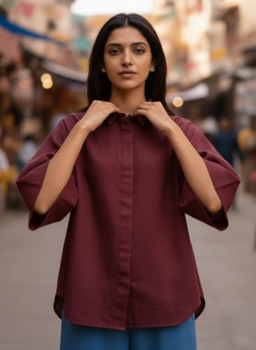 Image of Shirt for Women | Casual Button Down Long Sleeve Blouse | Oversized Striped Loose Fit Cotton Top with Pocket | Trendy Collar Aesthetics & Streetwear Tunics(34-S-1-5)