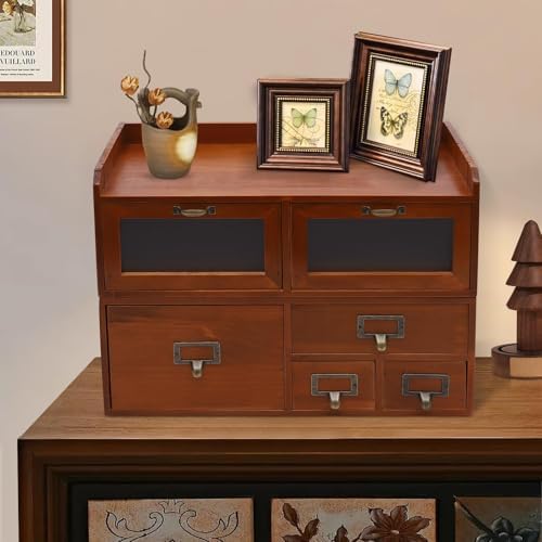 Vintage 3-Drawer Wooden Desktop Organizer Cabinet with Glass Doors - 15x6x7 Inch Rustic Storage Solution for Office, Desk, or Countertop Decor