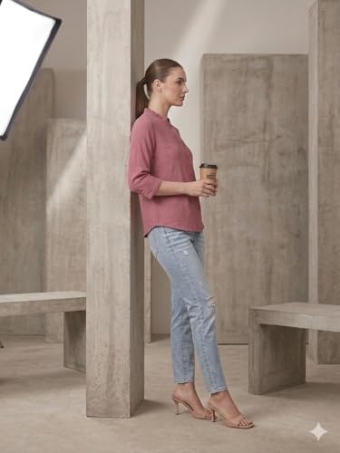 Image of Messica Women Brown Solid Cotton Blend Knitted Top | Ruffle Neck | 3 /4 Sleeve | Regular Fit Casual Office Wear Top