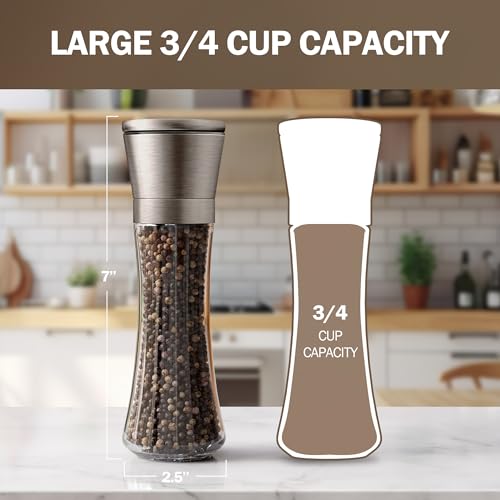 Image of Home EC Original Gun Metal Bronze Salt and Pepper Grinder Set of 2 - Adjustable Ceramic Grinder - Tall Glass Salt and Pepper Shakers With Funnel and Ebook - Spice Mill - Bronze Kitchen Accessories