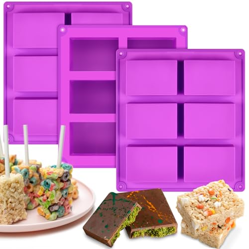 6-Cavity Rice Krispie Treat Molds 3 Pcs Silicone Candy Bar Molds Non-Stick Rectangle Chocolate Molds for Making Rice Crispy Treats Chocolate Candy Bars Brownies