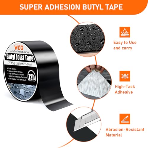 WDG Joist Tape for Decking 2\" x 50\', 8 Pack Weatherproof Butyl Sealant Tape, Waterproof and Anti-Corrosion for Wood Deck Joists, Beams & RV Roof Leak Repair
