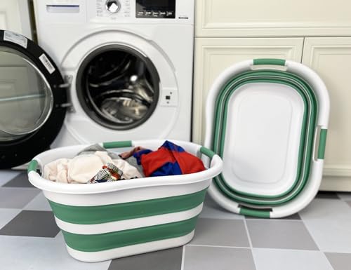 Image of SAMMART 40L (10.5 gallon) Set of 2 Collapsible Plastic Laundry Hamper - Foldable Pop Up Storage Container /Organizer - Portable Washing Tub - Space Saving Basket (2, White /Winter Green)