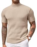 COOFANDY Men's Casual Turtleneck Sweater Slim Fit Basic Tops Short Sleeve Solid Color Ribbed Knit Pullover Beige