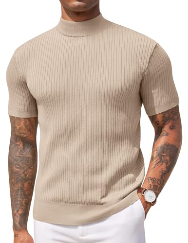 COOFANDY Men's Casual Turtleneck Sweater Slim Fit Basic Tops Short Sleeve Solid Color Ribbed Knit Pullover Beige