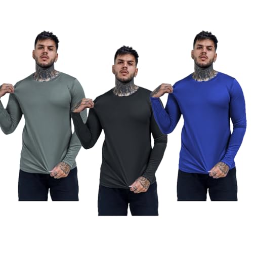 Kit 3 Camisetas Térmicas Proteção Solar Uv 50+ Manga Longa Dry Fit (AZUL PRETA CINZA, GG)