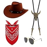 YskerrigToy Disfraz de Vaquero, 4PCS Accesorios Disfraces de Vaquero con Sombrero de Vaqueros Pañuelo Collar Gafas Disfraz de Carnaval Costume Cowboy Occidental Cosplay para Adulto(Marrón)