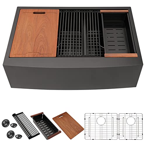 33 Matte Black Farmhouse Sink Double Bowl - Lordear 33 Inch Kitchen Sink Apront Front Workstation Low Divide Double Bowl 60/40 16 Gauge Matte Black Stainless Steel Farm Sink Basin #TOP7